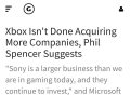 微软Xbox高管日前表示，将继续收购游戏工作室