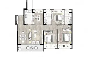 120平米的优雅户型，四个房间，两个明亮窗户卫生间，大横厅